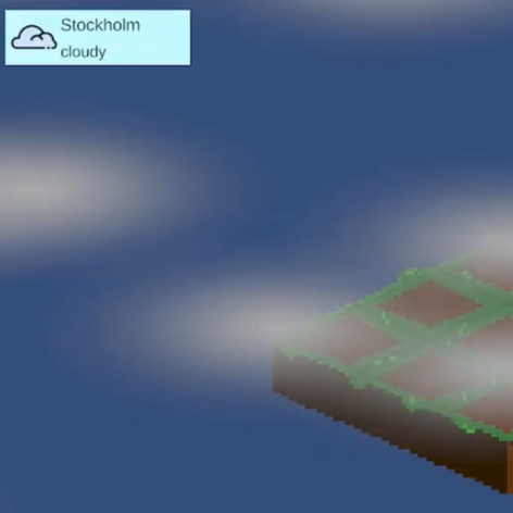 Weather API interface showing a 3x3 grid with clouds and search functionality